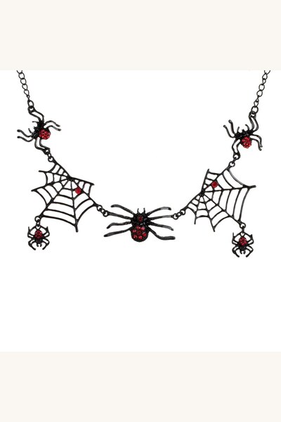 Comerivo Colier de Halloween negru cu paianjeni metalici si pietre rosii, reg...