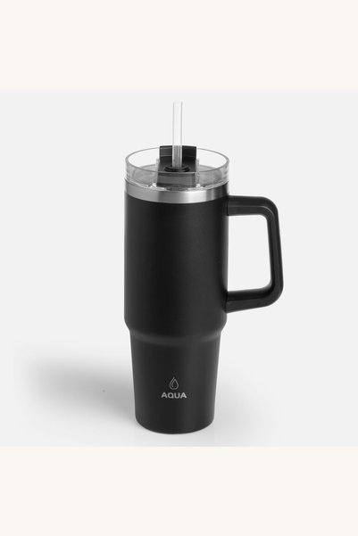 Comerivo Termos negru 900ml cu maner si pai - izolatie dubla pentru bauturi c...