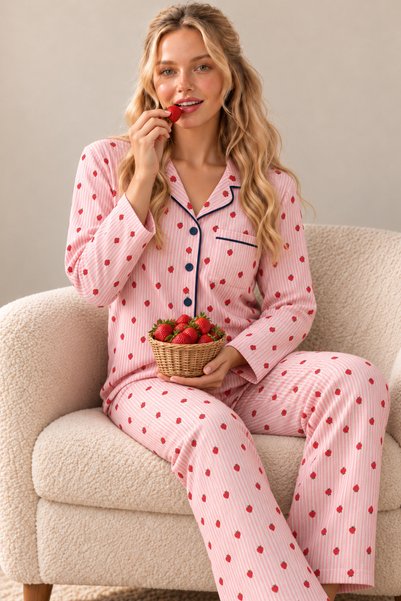 rindahomewear طقم بيجامة نسائي من السوبريم بأزرار وأكمام طويلة