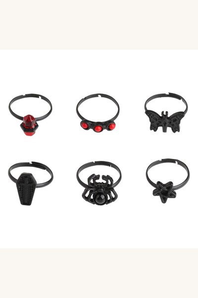 Comerivo 6 inele negre Halloween cu pietre rosii si design reglabil pentru un...