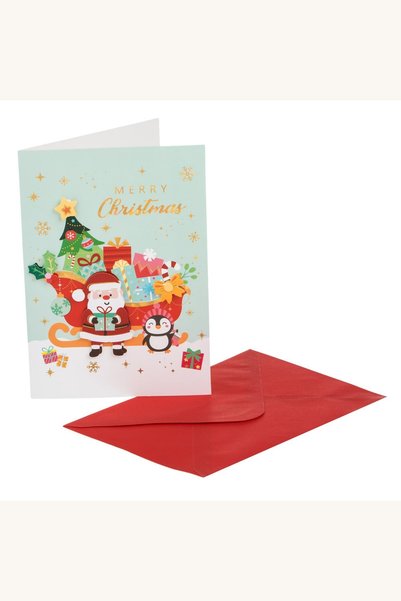 Comerivo Plic cu felicitare de Craciun 3D, Mos Craciun in sanie, verde menta,...