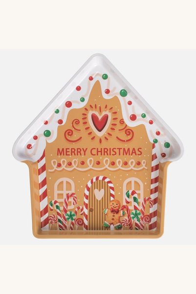 Comerivo Platou metalic de Craciun casuta candy bej cu gingerbread 24x26cm