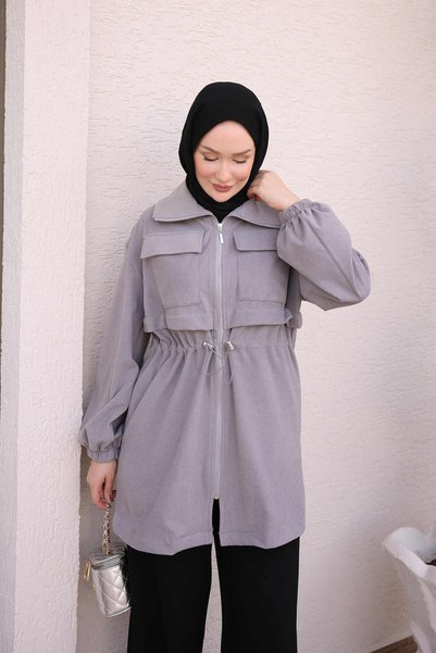 İmajButik غطاء رمادي بخصر مطاطي وسحاب إغلاق