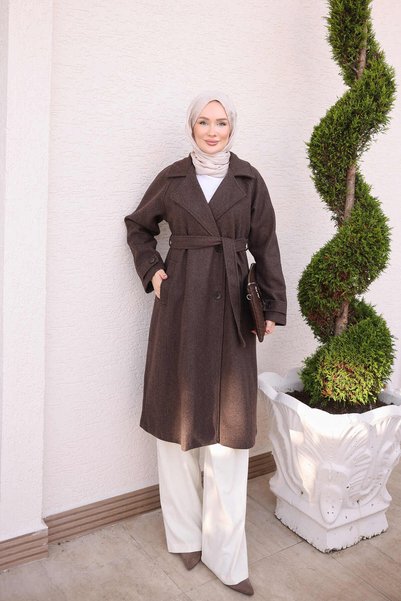 İmajButik Brown Double-Breasted Collared Lined Cashmere Coat