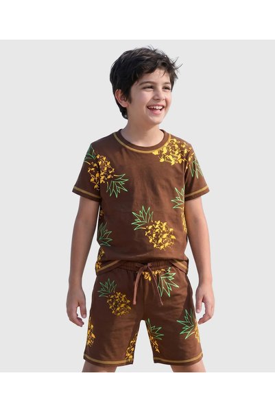 Pine kids طقم بيجامة قطني محبوك بأكمام قصيرة وطبعة أناناس - بني متوفر عبر الإ...