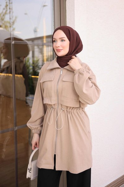 İmajButik قبعة بيج بخصر مطاطي وسحاب أمامي