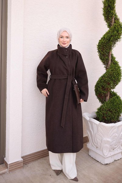 İmajButik Brown Belted Lined Stand Collar Cashmere Coat