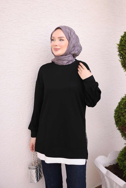 İmajButik Siyah Bisiklet Yaka Yan Fermuarlı Oys Tunik