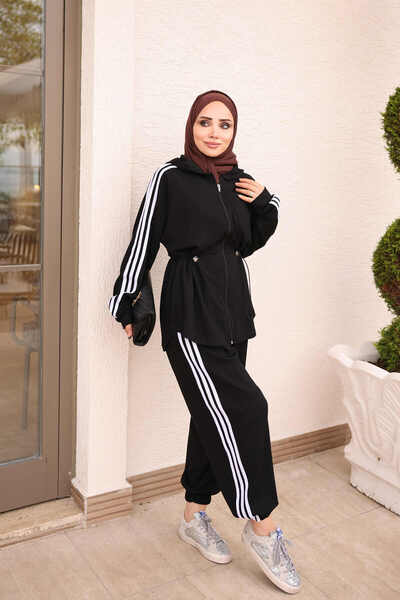 İmajButik طقم تونيك مخطط بقلنسوة سوداء مع بنطلون
