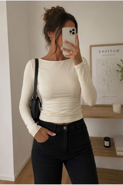 ALL TIME Ultra Soft Boat Neck Long Sleeve Cotton Cream Basic Blouse