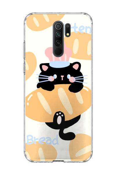 lelia Redmi 9 Compatible Black Cat Bread Printed Transparent Phone Case