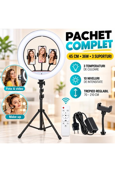 iTin Lampă inelară de 45 cm, 36W, 180 LED-uri, trepied de 210 cm, 3 suporturi...