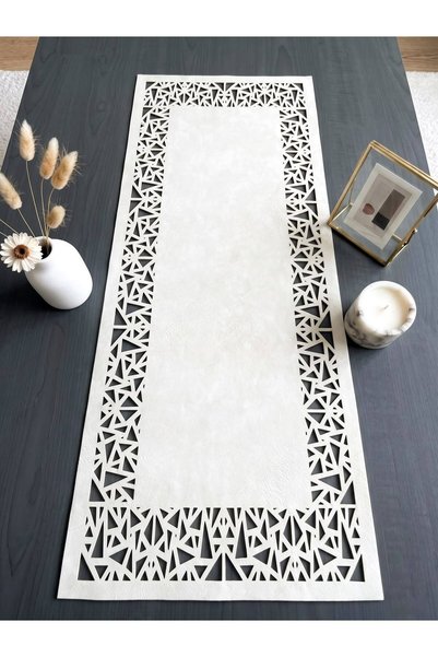 Ergüven Home White Geometric Triangle Pattern Suede Fabric Runner 40X100 cm C...
