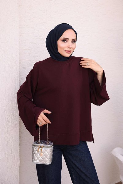 İmajButik سترة مودال كبيرة الحجم برقبة دائرية من ماركة Mürdüm