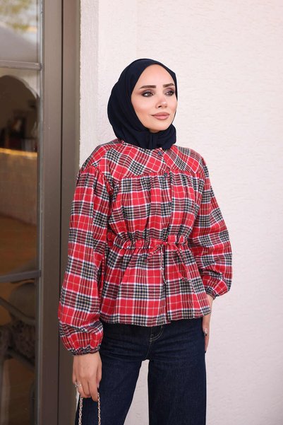 İmajButik قميص أحمر بأكمام مطاطية وربطة خصر