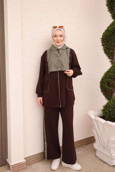İmajButik طقم بنطلون وتونيك بني اللون بقلنسوة وسحاب وتطريز