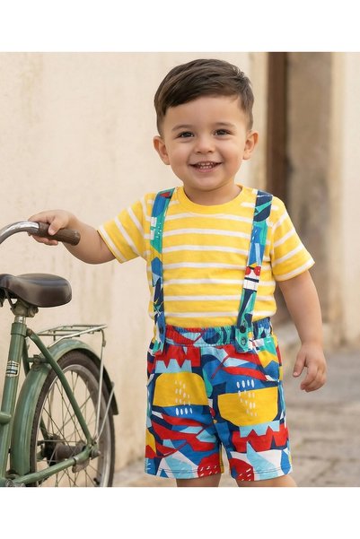 Baby Hug طقم تي شيرت مخطط من قماش الجيرسيه وشورت مطبوع من بيبي هاج - أصفر