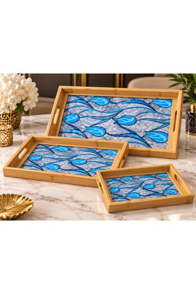 Adana Pasta Malzemeleri Ert-Bmb-202 Blue Tulip Wave Pattern Bamboo Tray Set o...