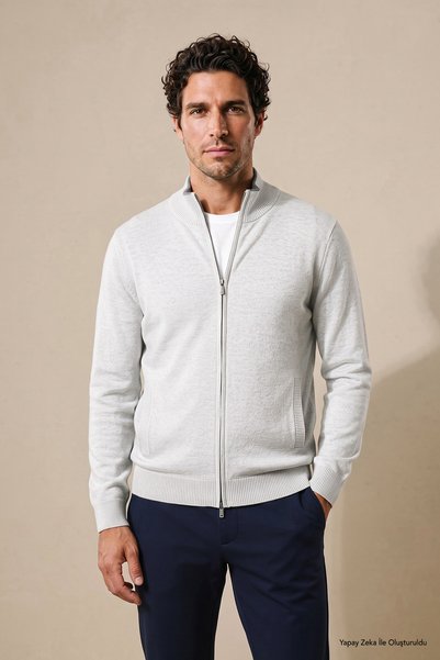 BROOKS BROTHERS Erkek Gri Melanj Dik Yaka Fermuarlı Cepli Merino Yün Hırka