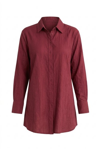 Meşe Moda Kadın Bordo Dokulu Gömlek Yaka Uzun Tunik Gömlek
