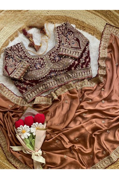 MYSMAR Coffee Brown Two-Tone Rangoli Silk Saree with Embellished Blouse - KTS...