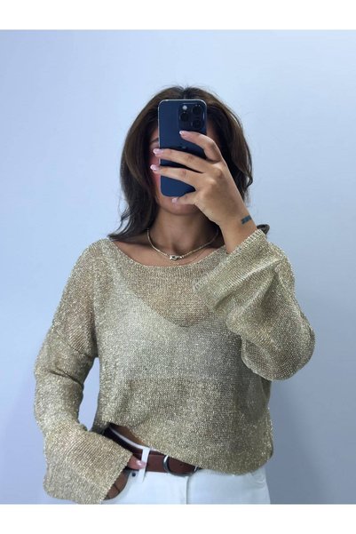 breva wear Kadın Gold Simli Kayık Yaka Ajurlu Triko Bluz