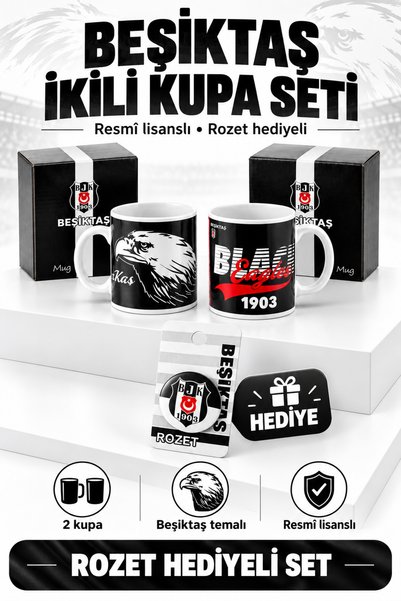 Beşiktaş Lisanslı 2'li Set Porselen Kupa Bardak Rozet Hediyeli Kahve Kupa Bar...