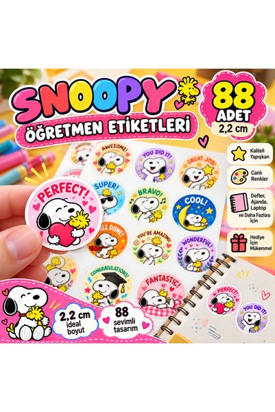 88 adet Snoopy öğretmen etiketi 2.2 cm | Motivasyon & Başarı Sticker – A4 Premium