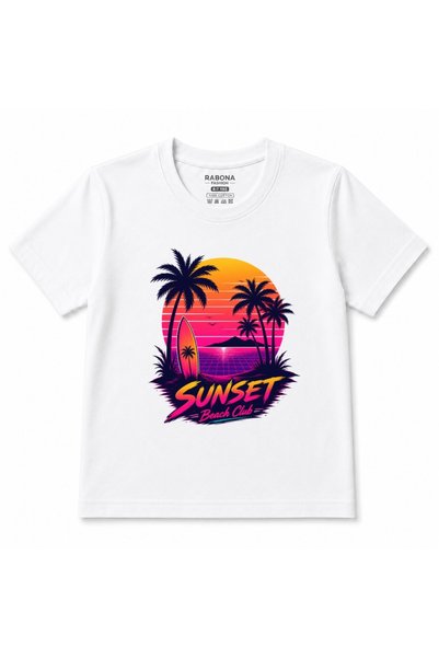 Rabona Fashion Sunset Beach Club - تي شيرت برسومات ريترو تروبيكال سيرف كيدز