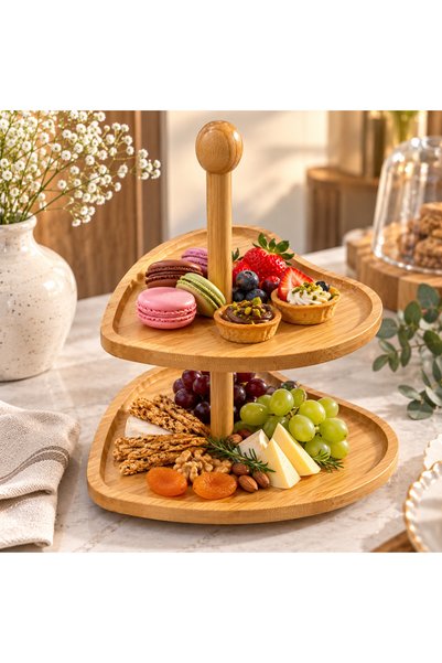 Adana Pasta Malzemeleri حامل كيك من الخيزران بتصميم على شكل قلب، طبقتين، 20-2...