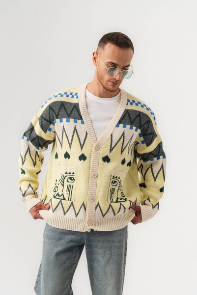 go gang own Zigknit Geometric Patterned Men's Knitwear Cardigan with Buttoned...