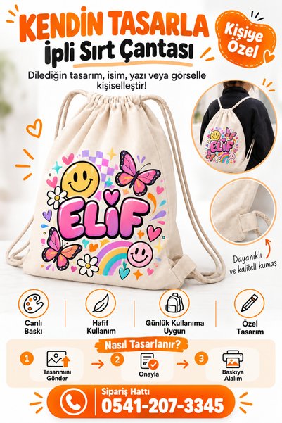 Morinna Kişiye Özel Kendin Tasarla İpli Bez Çanta Baskılı Büzgülü Keten Sırt ...