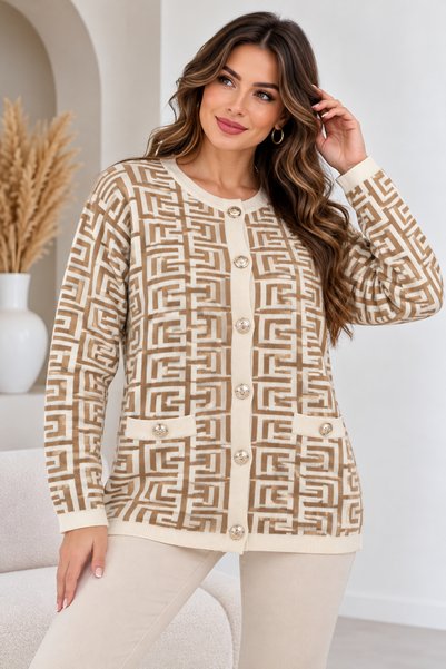 EMR Online Women's Soft Textured Knitwear Cardigan with Geometric Pattern and Gold Buttons