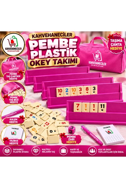 kahvehaneciler Pembe Plastik Okey Takımı – Pembe Taş Bezi, Pembe Zar, Pembe T...