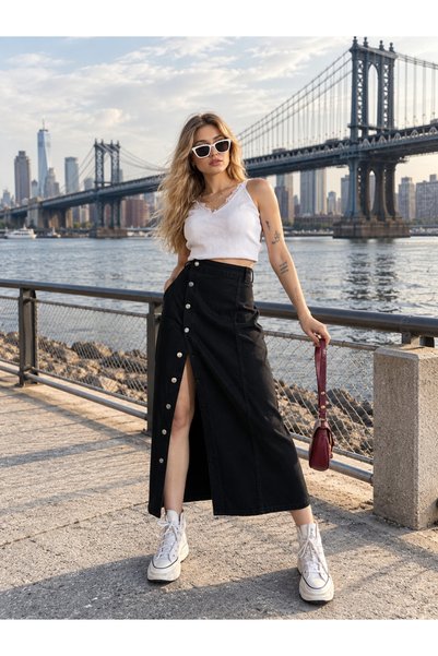 Swet Shop Jeans Women's Buttoned Front Maxi Length Lycra Denim Skirt