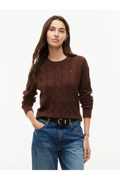 Tommy Hilfiger Kadın Yuvarlak Yaka Yünlü Örme Uzun Kollu Kahverengi Kazak