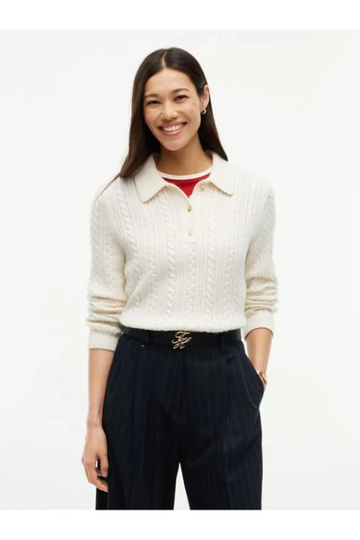 Tommy Hilfiger Kadın Regular Fit Yün İpek Karışımlı Saç Örgülü Üç Düğmeli Met...