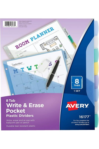 AVERY فواصل بلاستيكية للمجلدات ذات 8 ألسنة مع جيوب، ألسنة كبيرة متعددة الألوا...