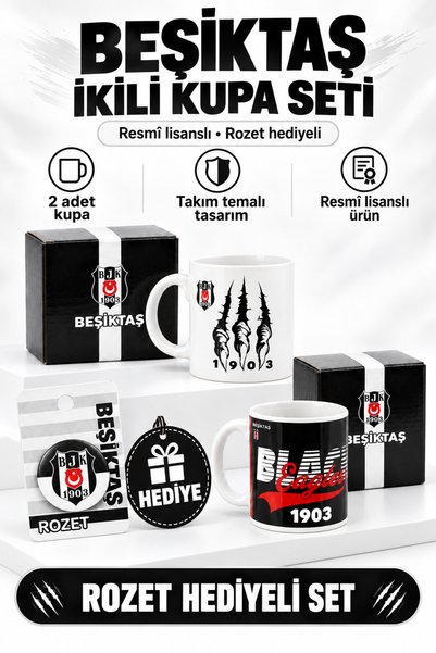 Beşiktaş Lisanslı 2'li Set Porselen Kupa Bardak Rozet Hediyeli Kahve Kupa Bar...