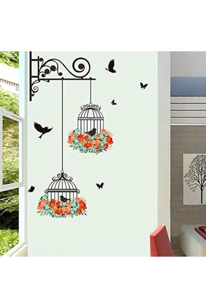 ASKIND ملصق جداري، تصميم قفص الطيور والزهور الطائرة لغرفة المعيشة وغرفة الأطف...