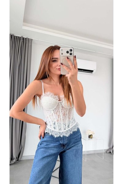 pelin yıldız butik Ekru Desir Dantel Detaylı Balenli Büstiyer