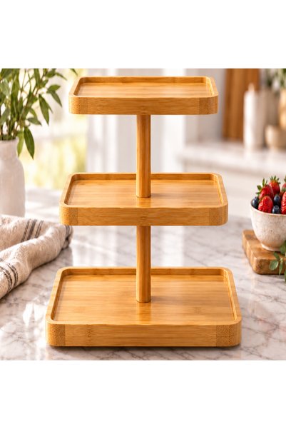 Adana Pasta Malzemeleri Ert-Bmb-522 3-Tier Square Bamboo Stand 15-20-25X1.5 cm