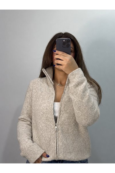 breva wear Beige Stand Collar Zippered Soft Textured Women's Knitwear Cardigan