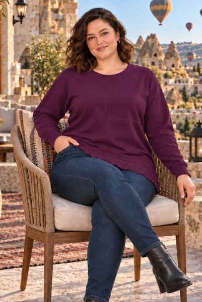 tarzımsüper بلوزة نسائية كبيرة الحجم من القماش الكريستالي بتفاصيل دانتيل غير متماثلة وأكمام طويلة