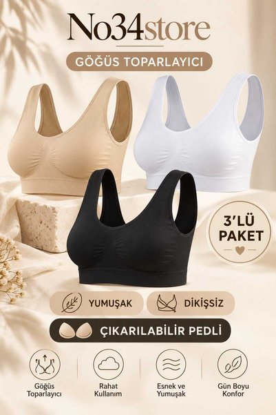 Kadın Göğüs toparlayıcı sıkılaştırıcı ped destekli %100 pamuklu 3'lü sütyen takımı