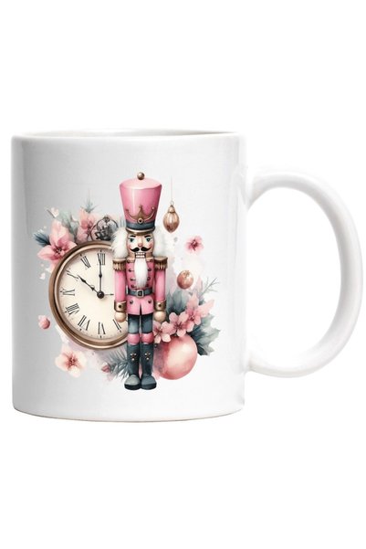 INOVATIX Personalized white mug, a nutcracker, clock, beads, flowers, plants,...