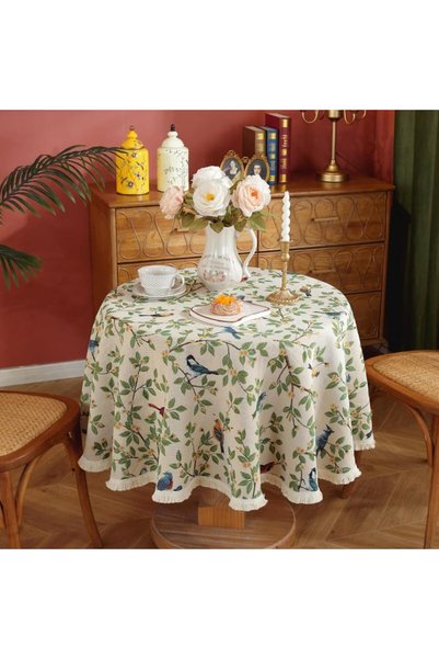 Generic Round Tablecloth 60 Inch Dia, Birds French Pattern Table Cover, Washa...