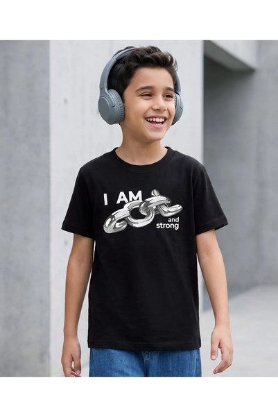 Pine kids تي شيرت قطني 100% بطباعة 'أنا رائع وقوي' مع رسومات سلسلة - أسود متو...