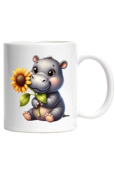 INOVATIX Personalized white mug, a happy baby hippo, holding a flower, sunflo...