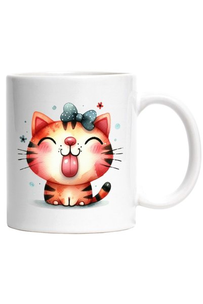 INOVATIX Personalized white mug, a happy cat, children's drawing, bow, feline...